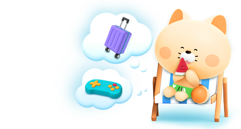 수박을 들고 앉아있는 플리, 말풍선 안에 캐리어와 게임기