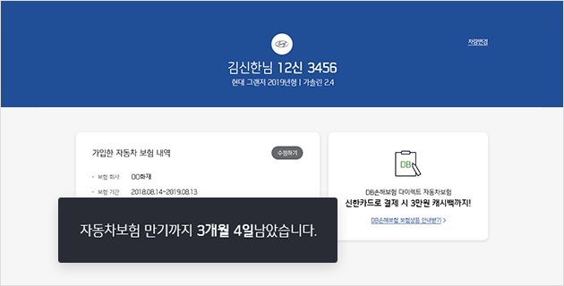 보험 만기시점 알림 PC 화면